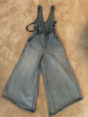 Free People Washed Blue Wide-Leg Denim Jumpsuit